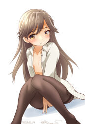 Rule 34 | 1girl, arashio (kancolle), black pantyhose, brown eyes, brown hair, collared shirt, commentary request, dress shirt, feet out of frame, flat chest, kantai collection, long hair, looking at viewer, one-hour drawing challenge, open clothes, open shirt, pantyhose, ray.s, shirt, simple background, sitting, solo, thighband pantyhose, white background, white shirt