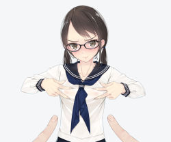 Rule 34 | 1girl, black-framed eyewear, black skirt, blush, breasts, brown eyes, brown hair, closed mouth, collarbone, fingernails, glasses, grabbing, grabbing another&#039;s breast, grabbing own breast, highres, long sleeves, looking at viewer, low twintails, murakami suigun, nipples, pleated skirt, pov, pov hands, sailor collar, school uniform, see-through, see-through shirt, shirt, simple background, skirt, small breasts, solo focus, twintails, upper body, white background, white shirt