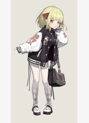 Rule 34 | 1girl, :d, alternate costume, bag, blonde hair, blunt bangs, full body, grey background, highres, jacket, leaning forward, light blush, looking at viewer, open mouth, orange eyes, pantyhose, pigeon-toed, rumia, shoulder bag, simple background, sleeves past wrists, smile, solo, standing, touhou, xinjinjumin