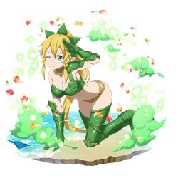 Rule 34 | 1girl, ;p, armor, bikini, bikini armor, blonde hair, breasts, cleavage, collarbone, elf, fairy, flower, full body, green bikini, green eyes, green ribbon, hair between eyes, hair ribbon, hibiscus, high heels, high ponytail, highres, holding, jewelry, leafa, long hair, medium breasts, navel, official art, one eye closed, outstretched arm, pointy ears, purple flower, red flower, ribbon, simple background, sitting, solo, sunglasses, swimsuit, sword art online, toes, tongue, tongue out, tree, very long hair, water, white-framed eyewear, white background
