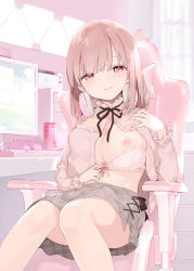 Rule 34 | 1girl, absurdres, bare legs, black ribbon, blunt bangs, bra, bra pull, breasts, brown hair, chair, clothes pull, commentary request, computer, controller, frilled bra, frilled shirt, frilled sleeves, frills, fujiyama, gaming chair, grey skirt, headphones, headphones around neck, highres, indoors, large breasts, long sleeves, looking at viewer, medium hair, monitor, nipples, on chair, one breast out, open clothes, open shirt, original, pink bra, pink shirt, plaid, plaid skirt, pulled by self, purple eyes, ribbon, shirt, sitting, skirt, solo, swivel chair, underwear