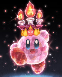 Rule 34 | black background, blush, candle, creatures (company), crown, crystal, fire, game freak, gem, happy, highres, kirby, kirby&#039;s dream land, kirby (series), looking at viewer, miclot, nintendo, no humans, open mouth, pokemon, simple background, sparkle, terastallization, tongue
