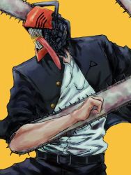 Rule 34 | black necktie, black pants, chainsaw, chainsaw man, collared shirt, denji (chainsaw man), mon star200cc, monster boy, necktie, pants, sharp teeth, shirt, shirt tucked in, simple background, sleeves rolled up, teeth, tongue, tongue out, white shirt, yellow background