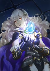 Rule 34 | 1girl, alternate costume, armor, black armor, breasts, cape, collared shirt, corrin (female) (fire emblem), corrin (female) (nohr noble) (fire emblem), corrin (fire emblem), fire emblem, fire emblem fates, fire emblem heroes, gloves, hairband, holding, holding weapon, long hair, nintendo, official alternate costume, pointy ears, red eyes, shirt, upper body, vidolus, weapon, white hair