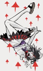 Rule 34 | 1girl, arrow (symbol), black hair, collared dress, colored skin, colored tips, commentary request, cone horns, crazy eyes, crazy smile, dress, floating hair, full body, grey horns, highres, horns, kijin seija, llll nnmn, looking at viewer, multicolored hair, neck ribbon, open mouth, puffy short sleeves, puffy sleeves, purple ribbon, reaching, reaching towards viewer, red eyes, red hair, ribbon, sandals, short dress, short hair, short sleeves, smile, solo, streaked hair, touhou, upside-down, white dress, white hair, white skin, wide-eyed