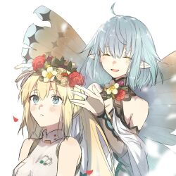 Rule 34 | 2girls, ahoge, artoria caster (fate), artoria pendragon (fate), blonde hair, blue hair, blush, breasts, closed eyes, collar, fate/grand order, fate (series), flower, green eyes, hair flower, hair ornament, kabutomushi s, multiple girls, open mouth, red flower, short hair, small breasts, twintails, vest, white flower, white vest