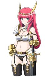 Rule 34 | 1girl, absurdres, aqua eyes, armor, bikini armor, breasts, btraphen, cleavage, gloves, highres, long hair, medium breasts, midriff, navel, original, red hair, simple background, smile, solo, sword, weapon, white background