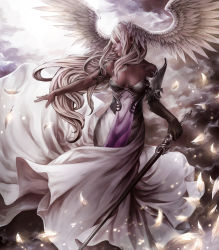 Rule 34 | 1girl, angel wings, armor, armored dress, breasts, cleavage, cloud, dark-skinned female, dark skin, dress, elbow gloves, feathers, gloves, head wings, long hair, lord of vermilion, nabe (crow&#039;s head), outstretched arm, outstretched hand, profile, sword, valkyrie, valkyrie (lord of vermilion), very long hair, weapon, white hair, wings
