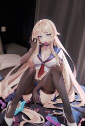 Rule 34 | absurdres, anal beads, black pantyhose, blonde hair, blue eyes, condom, condom in mouth, dildo, egg vibrator, enterprise (warship girls r), highres, long hair, looking at viewer, mouth hold, on bed, pantyhose, sailor collar, sailor shirt, sex toy, shirt, skirt, uss enterprise (cv-6), vibrator, warship girls r, xnnagu