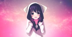 Rule 34 | 1girl, animal hood, artist request, black hair, cat hood, character request, copyright request, hood, medium hair, pink sky, sky, solo, source request, sunset, sweater, white sweater