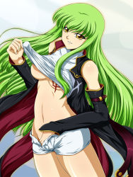 Rule 34 | 00s, 1girl, breasts, c.c., clothes lift, code geass, elbow gloves, gloves, green hair, hand in panties, large breasts, midriff, navel, no panties, open clothes, open fly, open shorts, panties, scar, shirt lift, shorts, solo, tanan, underboob, underwear, undressing, unzipped, yellow eyes