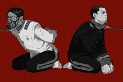 Rule 34 | 2boys, animal collar, arms behind back, bound, bound wrists, chengongzi123, clenched teeth, collar, dark-skinned male, dark skin, facial hair, full body, furrowed brow, goatee stubble, golden kamuy, greyscale with colored background, highres, kneeling, koito otonoshin, leash, long sleeves, looking to the side, male focus, military uniform, multiple boys, muzzle, open mouth, red background, short hair, simple background, stubble, teeth, tsukishima hajime, uniform, very short hair