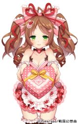Rule 34 | 1girl, apron, bad id, bad pixiv id, blush, bow, breasts, brown hair, byulzzi, cleavage, dress, gift, green eyes, hair bow, hair ornament, heart, heart hair ornament, long hair, looking at viewer, official art, open mouth, sengoku gensoukyoku, smile, solo, twintails, watermark, white background