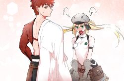 Rule 34 | 1boy, 2girls, puff of air, angry, artoria caster (fate), artoria caster (first ascension) (fate), artoria pendragon (fate), blonde hair, blush, commentary request, emiya shirou, fate/grand order, fate (series), gloves, green eyes, grey gloves, grey headwear, hat, highres, igote, limited/zero over, looking at another, looking to the side, multiple girls, open mouth, orange eyes, pouch, red hair, senji muramasa (fate), sharp teeth, sweatdrop, teeth, twintails, upper body, v-shaped eyebrows, yamano udumi