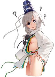 Rule 34 | 1girl, ?, blue eyes, breasts, bright pupils, cowboy shot, from side, fundoshi, go robots, hand on own hip, hat, head tilt, highres, japanese clothes, long hair, looking at viewer, mononobe no futo, no bra, no pants, pom pom (clothes), ponytail, revealing clothes, sideboob, silver hair, simple background, small breasts, solo, standing, tabard, thighs, touhou, white background
