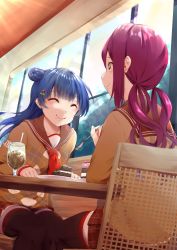 Rule 34 | 2girls, alternate hairstyle, black thighhighs, blue hair, brown sailor collar, brown sweater, cake, closed eyes, closed mouth, commentary request, crumbs, cup, day, drinking straw, food, food on face, fork, hair bun, hair ornament, hairpin, hayaoki (asagi-iro seishun-bu), heart, heart hair ornament, highres, holding, holding fork, leaning forward, long hair, long sleeves, looking at another, love live!, love live! sunshine!!, low twintails, multiple girls, neckerchief, on chair, profile, red hair, red neckerchief, restaurant, sailor collar, sakurauchi riko, school uniform, shared food, sitting, sky, smile, sweater, table, thighhighs, tsushima yoshiko, twintails, window, winter uniform, yellow eyes, zettai ryouiki