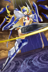 Rule 34 | 1girl, absurdres, arm blade, armor, blazblue, blonde hair, blue eyes, blue gloves, blush, commission, dual wielding, elbow gloves, floating, floating object, floating weapon, forehead protector, gloves, headgear, highres, holding, leg armor, looking at viewer, mecha, mecha musume, mu-12, mytea (soso), revealing clothes, robot, robot ears, shoulder armor, skeb commission, weapon