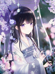 Rule 34 | 1girl, black hair, blurry, blurry background, blurry foreground, blush, chinese clothes, closed mouth, collarbone, depth of field, floral print, flower, hair bun, hair flower, hair ornament, hanfu, highres, holding, holding umbrella, iren lovel, japanese clothes, kimono, long hair, long sleeves, looking at viewer, obi, oil-paper umbrella, outdoors, pink flower, purple eyes, purple flower, purple umbrella, qixiong ruqun, ruqun, sash, sleeves past wrists, smile, solo, umbrella, upper body, very long hair, white flower, white kimono, wide sleeves