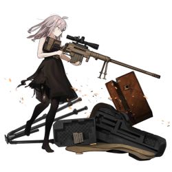 Rule 34 | 1girl, ahoge, aiming, astg, bare shoulders, black dress, black pantyhose, bolt action, cheytac m200, closed mouth, damaged, dress, unworn footwear, from side, full body, girls&#039; frontline, grey hair, gun, hair between eyes, holding, holding gun, holding weapon, m200 (girls&#039; frontline), m200 (war correspondent) (girls&#039; frontline), magazine (weapon), medium hair, official alternate costume, official art, pantyhose, purple eyes, rifle, scope, serious, shell casing, sidelocks, sleeveless, sleeveless dress, sniper rifle, solo, standing, standing on one leg, suitcase, torn clothes, torn dress, torn pantyhose, transparent background, trigger discipline, weapon, weapon case