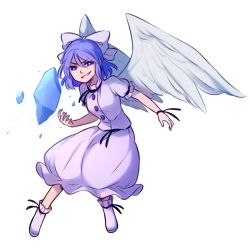 Rule 34 | 1girl, blue eyes, boots, bow, commentary, cryokinesis, english commentary, evil smile, full body, hair between eyes, hair bow, ice, looking at viewer, mai (touhou), medium hair, parted lips, puffy short sleeves, puffy sleeves, purple eyes, shirt, short sleeves, simple background, skirt, skirt set, smile, smirk, solo, speckticuls, touhou, touhou (pc-98), transparent background, v-shaped eyebrows, white background, white bow, white shirt, white skirt, white wings, wings