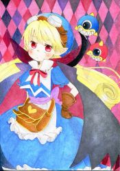 Rule 34 | 1girl, apron, bag, blonde hair, blue hat, bow, cape, curly hair, dress, gloves, goggles, goggles on head, hat, long hair, marivel armitage, pointy ears, red eyes, ribbon, sae (johnkun-1208), wild arms, wild arms 2
