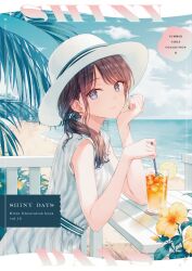 Rule 34 | 1girl, aqua theme, beach, black hair, blue eyes, closed mouth, comiket 102, commentary request, cover, cover page, cup, day, dress, drink, drinking glass, drinking straw, earrings, fingernails, flower, food, fruit, green nails, hat, highres, hiten (hitenkei), ice, jewelry, lemon, lemon slice, long hair, looking at viewer, nail polish, ocean, orange flower, original, outdoors, palm leaf, short sleeves, solo, striped clothes, striped dress, sun hat, vertical-striped clothes, vertical-striped dress, white dress, white hat
