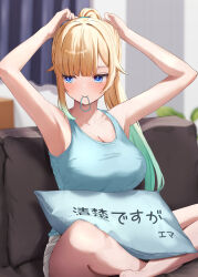Rule 34 | 1girl, absurdres, aizawa ema, armpits, arms behind head, arms up, barefoot, blonde hair, blue eyes, blue tank top, blunt bangs, breasts, couch, gerbera152, gradient hair, green hair, hair tie, hair tie in mouth, highres, indian style, indoors, large breasts, long hair, looking to the side, mouth hold, multicolored hair, pillow, ponytail, short shorts, shorts, sitting, solo, tank top, tying hair, very long hair, virtual youtuber, vspo!, white shorts