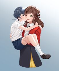 Rule 34 | 1boy, 1girl, ;d, aged down, artist name, black shorts, black skirt, brown footwear, brown hair, carrying, collared shirt, frozenenv, full body, green eyes, grey background, hair ornament, highres, jacket, kiss, kissing cheek, long hair, long sleeves, marius von hagen (tears of themis), one eye closed, open mouth, princess carry, purple hair, red jacket, rosa (tears of themis), shirt, short hair, short sleeves, shorts, skirt, smile, socks, tears of themis, white shirt, white socks