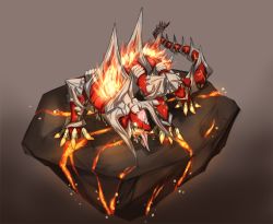 Rule 34 | brown background, claws, fire, horns, kazana (sakuto), lava, monster, no humans, rock, simple background, standing, tail, tongue, tongue out