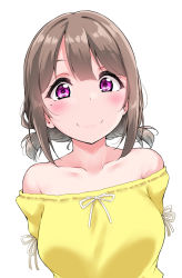 Rule 34 | 1girl, bare shoulders, blush, breasts, brown hair, closed mouth, highres, looking at viewer, medium breasts, mole, mole under eye, original, pink eyes, ribbon, simple background, smile, solo, strapless, sweater, upper body, white background, white ribbon, yellow sweater, yopparai oni