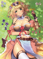 Rule 34 | 1girl, bare shoulders, blonde hair, bracelet, breasts, brown gloves, bustier, cleavage, curvy, dengeki moeou, detached collar, female focus, fingerless gloves, flower, flower wreath, from above, gloves, green eyes, hair ornament, head wreath, highres, jewelry, large breasts, long skirt, looking at viewer, looking back, lying, mataro (matarou), midriff, navel, on back, parted lips, petals, short hair, skirt, solo, thighhighs, white thighhighs, wide hips