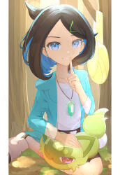Rule 34 | 1girl, aqua eyes, aqua jacket, black hair, blue hair, child, clenched hand, clenched teeth, collarbone, colored inner hair, creatures (company), day, eyelashes, female focus, finger to mouth, flat chest, game freak, gen 9 pokemon, hair ornament, hairclip, hand up, happy, highres, index finger raised, jacket, jewelry, kneeling, legs, liko (pokemon), looking at viewer, medium hair, multicolored hair, nature, neck, necklace, nintendo, on lap, one eye closed, open clothes, open jacket, outdoors, parted lips, pokemon, pokemon (anime), pokemon (creature), pokemon horizons, pokemon on lap, shirt, shoes, short shorts, shorts, sidelocks, size difference, sleeves past elbows, smile, sneakers, sprigatito, swept bangs, teeth, thighs, tonbo (tonbo63194), tree, two-tone hair, white footwear, white shirt