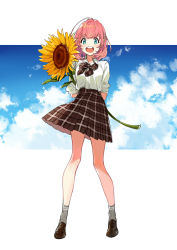 Rule 34 | 1girl, :d, ahoge, arms behind back, blue sky, blush, bow, breasts, brown bow, brown footwear, brown skirt, cloud, collared shirt, commentary request, dress shirt, flower, full body, green eyes, grey socks, hair flower, hair ornament, hair ribbon, high-waist skirt, highres, holding, holding flower, loafers, looking at viewer, medium breasts, open mouth, orange hair, original, pink hair, plaid, plaid bow, plaid skirt, ribbon, round teeth, school uniform, shirt, shoes, short sleeves, skirt, sky, smile, socks, solo, standing, sunflower, sunflower hair ornament, teeth, upper teeth only, white shirt, yuu (higashi no penguin)