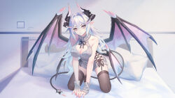 Rule 34 | 1girl, absurdres, all fours, bare shoulders, bed, black ribbon, black thighhighs, cleavage cutout, closed mouth, clothing cutout, dragon girl, dragon horns, dragon tail, dress, full body, grey dress, grey hair, grey sweater, hair intakes, heart cutout, highres, horns, indoors, kirby d a, long hair, looking at viewer, multiple wings, neck ribbon, on bed, original, pillow, pink eyes, pointy ears, ribbon, slit pupils, smile, solo, sweater, sweater dress, tail, thighhighs, very long hair, wings