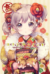 Rule 34 | 1girl, :o, animal, animal on head, asymmetrical hair, blush, boar, commentary request, ech, fingernails, flower, hair flower, hair ornament, holding, holding animal, japanese clothes, kimono, long sleeves, looking at viewer, multicolored clothes, multicolored kimono, nail polish, on head, original, parted lips, red flower, red nails, shawl, short twintails, solo, striped, striped background, tassel, translation request, twintails, uneven twintails, upper body, vertical stripes, wide sleeves