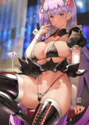 Rule 34 | 1girl, bb (fate), bb (fate/extra), bikini, black thighhighs, blush, boots, breasts, bridal gauntlets, cleavage, closed mouth, cocktail glass, cup, drinking glass, earrings, fate/extra, fate/extra ccc, fate/grand order, fate (series), frills, glint, groin, hair ribbon, highleg, highleg bikini, highres, huge breasts, indoors, jewelry, large breasts, long hair, maid, maid bikini, maid headdress, micro bikini, miniskirt, mouth hold, nail polish, naughty face, navel, necktie, purple eyes, purple hair, purple nails, red neckwear, red ribbon, revealing clothes, ribbon, short necktie, shrug (clothing), side ponytail, sideboob, sitting, skindentation, skirt, solo, star (symbol), star earrings, stomach, stool, swimsuit, thick thighs, thigh boots, thighhighs, thighs, unconventional maid, underboob, uo denim, very long hair, wide hips, wide sleeves