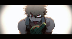 Rule 34 | 1boy, bakugou katsuki, bare shoulders, bleeding, blonde hair, blood, blood on face, boku no hero academia, collarbone, freestyle18, gloves, glowing, glowing eyes, hair between eyes, letterboxed, looking at viewer, mask, middle finger, open mouth, pale skin, red eyes, scar, scar on arm, short hair, simple background, spiked hair, spoilers, teeth, tongue, tongue out, white background