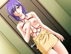 Rule 34 | 1girl, bdsm, blush, bondage, bound, breasts, clothes pull, dress, dress pull, dutch angle, game cg, medium breasts, nipples, omochi, purple hair, pussy juice, ryoujoku gojuusou, sex toy, shibari, shibari under clothes, solo, source request, thigh gap, thighs, topless, undressing, vibrator, yellow eyes