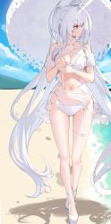 Rule 34 | 1girl, ahoge, bare shoulders, beach, bikini, breasts, cleavage, fate/grand order, fate (series), frilled bikini, frills, full body, highres, holding, holding umbrella, lady avalon (fate), lady avalon (second ascension) (fate), long hair, looking to the side, medium breasts, merlin (fate/prototype), navel, parasol, purple eyes, spider apple, swimsuit, umbrella, very long hair, white bikini, white hair