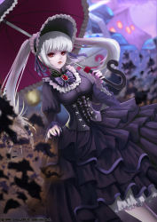 Rule 34 | 1girl, absurdres, black dress, blunt bangs, blurry, blurry background, bonnet, breasts, character request, dated, dress, dungeon and fighter, frills, highres, jeong siot, lolita fashion, long hair, looking at viewer, medium breasts, over shoulder, parasol, red eyes, red theme, silver luster tagore, twintails, umbrella, white hair, wide sleeves