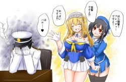 Rule 34 | 1boy, 2girls, ^ ^, admiral (kancolle), akimoto dai, atago (kancolle), beret, black gloves, black hair, black legwear, blonde hair, blue headwear, blue shirt, breasts, chair, cleavage, closed eyes, commentary request, cosplay, covering face, cowboy shot, desk, epaulettes, facing another, flat cap, fletcher (kancolle), fletcher (kancolle) (cosplay), garter straps, gloves, hairband, hat, jacket, kantai collection, large breasts, long hair, look-alike, looking at another, military, military hat, military uniform, miniskirt, multiple girls, neckerchief, off shoulder, open mouth, partial commentary, pleated skirt, red eyes, sailor collar, school uniform, serafuku, shirt, short hair, sitting, skirt, takao (kancolle), thighhighs, translated, uniform, white gloves, white headwear, white jacket, white sailor collar, white skirt, yellow neckerchief