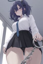 Rule 34 | 1girl, absurdres, black panties, black skirt, blue archive, blue necktie, blush, chain, closed mouth, collared shirt, cowboy shot, halo, highres, long hair, long sleeves, looking at viewer, mechanical halo, necktie, panties, pleated skirt, purple eyes, purple hair, shirt, skirt, solo, thighs, two side up, underwear, white shirt, yuuka (blue archive), zeatto