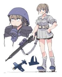 Rule 34 | 1girl, aircraft, blue eyes, blush, bolt action, boots, breasts, brown hair, cleavage, closed mouth, clothes writing, gun, hair between eyes, hand on own hip, helmet, highres, holding, holding gun, holding weapon, intrepid (kancolle), jura cambri, kantai collection, m1903 springfield, multiple views, neck pillow, open mouth, ponytail, pouch, rifle, short sleeves, simple background, standing, weapon, white background