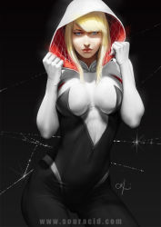 Rule 34 | 1girl, adjusting clothes, black background, blonde hair, blue eyes, bodysuit, breasts, breasts apart, contrapposto, covered navel, cowboy shot, female focus, glint, gloves, gwen stacy, hair over one eye, hood, hooded bodysuit, karl liversidge, large breasts, lips, long hair, looking at viewer, marvel, no mask, nose, realistic, short hair, signature, silk, skin tight, solo, souracid, spider-gwen, spider-man (series), spider web, spider web print, standing, superhero costume, watermark, web address