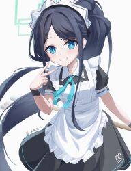 Rule 34 | &lt;key&gt; (robot) (blue archive), 1girl, absurdres, apron, aris (blue archive), aris (maid) (blue archive), black hair, blue archive, blue eyes, halo, highres, kenma pro, looking at viewer, maid, maid apron, maid headdress, official alternate costume, official alternate hairstyle, simple background, white background