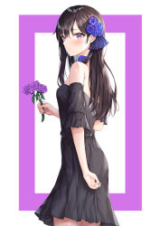 Rule 34 | 1girl, black dress, black hair, black sleeves, blue flower, blush, breasts, closed mouth, cowboy shot, detached sleeves, dress, flower, from side, hair flower, hair ornament, holding, holding flower, kokose, long hair, looking at viewer, original, purple eyes, purple flower, purple rose, rose, short dress, short sleeves, sleeveless, sleeveless dress, small breasts, solo, standing, straight hair, strapless, strapless dress, very long hair, white background