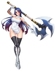 Rule 34 | 00s, 1girl, axe, bare shoulders, battle axe, black thighhighs, blue hair, bodysuit, boots, breasts, cleavage, dress, elbow gloves, female focus, full body, gloves, highres, holding, holding weapon, huge weapon, image sample, kagami hirotaka, large breasts, long hair, looking at viewer, no bra, official art, panties, pelvic curtain, ponytail, red eyes, short dress, simple background, solo, standing, taimanin (series), taimanin asagi, taimanin murasaki, thighhighs, underwear, weapon, yatsu murasaki