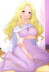 Rule 34 | 1girl, bare arms, bare shoulders, between legs, blonde hair, breasts, closed mouth, collarbone, covered erect nipples, dress, fuurin asumi, hand between legs, healin&#039; good precure, highres, indoors, jewelry, kazuma muramasa, large breasts, long dress, long hair, looking at viewer, pendant, precure, purple dress, purple eyes, see-through, see-through dress, sitting, sleeveless, sleeveless dress, smile, solo, star twinkle precure, very long hair, wariza