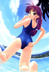 Rule 34 | 1girl, absurdres, adjusting clothes, adjusting swimsuit, amazuyu tatsuki, ass, barefoot, braid, cloud, day, dutch angle, fisheye, from behind, hand to own mouth, highres, kneeling, long hair, looking back, one-piece swimsuit, outdoors, palm tree, purple hair, red eyes, scan, sky, solo, sun, swimsuit, tree, twin braids, water