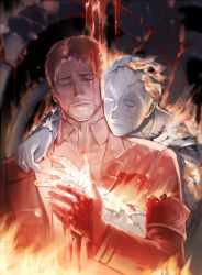 Rule 34 | 2boys, armband, bertolt hoover, blonde hair, blood, blood on hands, closed eyes, closed mouth, collared shirt, crying, facial hair, highres, hug, hug from behind, jacket, male focus, multiple boys, open clothes, open jacket, reiner braun, sad, shadowlll2, shingeki no kyojin, shirt, short hair, statue, streaming tears, tears, tears from one eye